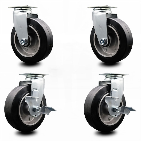 6 Inch Rubber on Aluminum Swivel Caster Set with Ball Bearings 2 Brakes